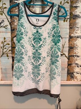 FU DA Sleeveless White Tank with Teal Damask Print and Gray Trim